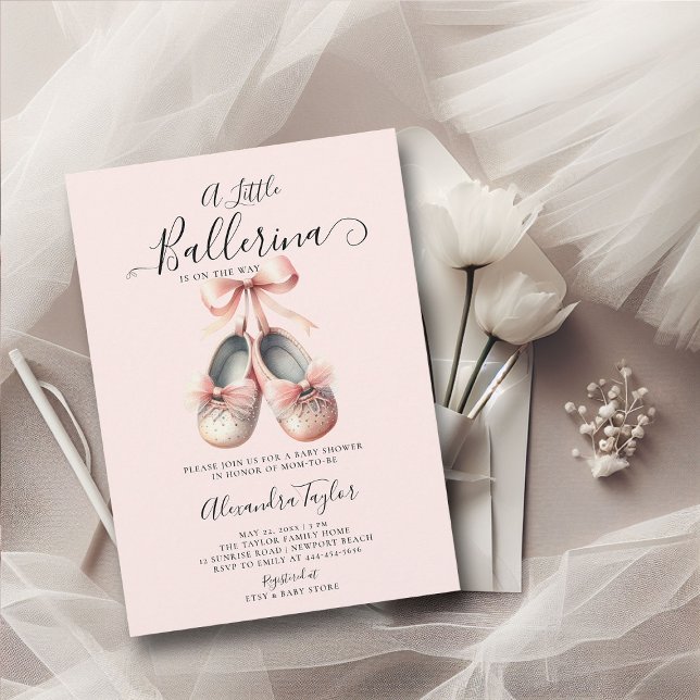 Convites Baby Ballerina Calçado rosa Arco Dourado Chá (little ballerina baby girl shower invitation pink blush gold ballet shoes watercolor cute sweet)