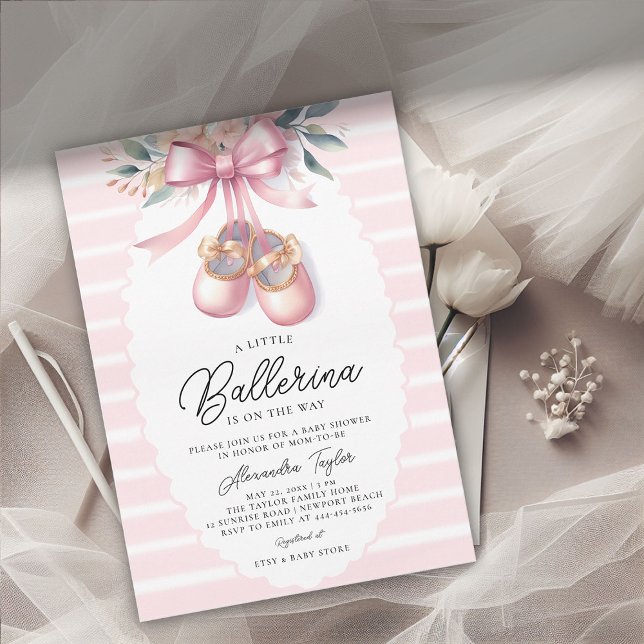 Convites Baby Ballerina Calçado Rosa Arco Floral Chá Garota (ballerina baby shower invitation ballet shoes pink floral bow ribbons satin elegant cute adorable)