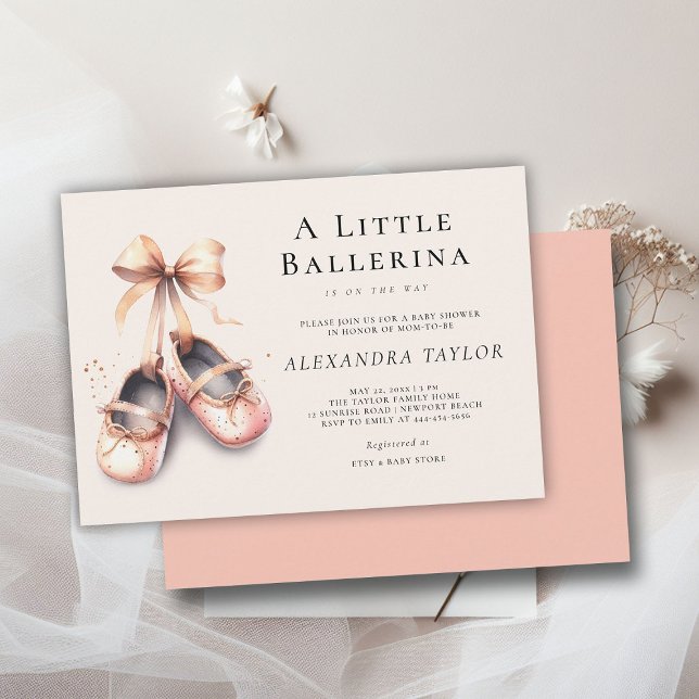 Convites Baby Ballerina Calçados cor-de-rosa Arco Dourada C (little ballerina baby girl shower invitation pink blush gold bow ballet shoes watercolor cute girly)