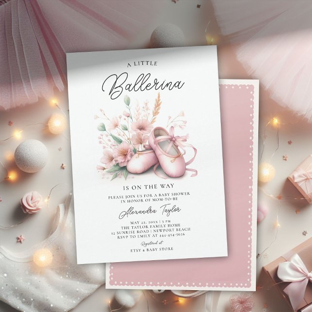 Convites Baby Ballerina Calçados Flores Selvagens Chá Garot (ballerina baby shower invitation ballet shoes pink wildflowers ribbons satin elegant cute adorable)