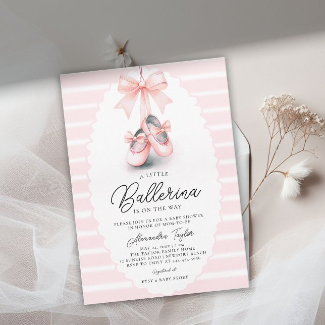 Convites Baby Ballerina Calçados rosa Arco fitas Chá (ballerina baby shower invitation ballet shoes pink satin bow scalloped frame cute adorable girly)