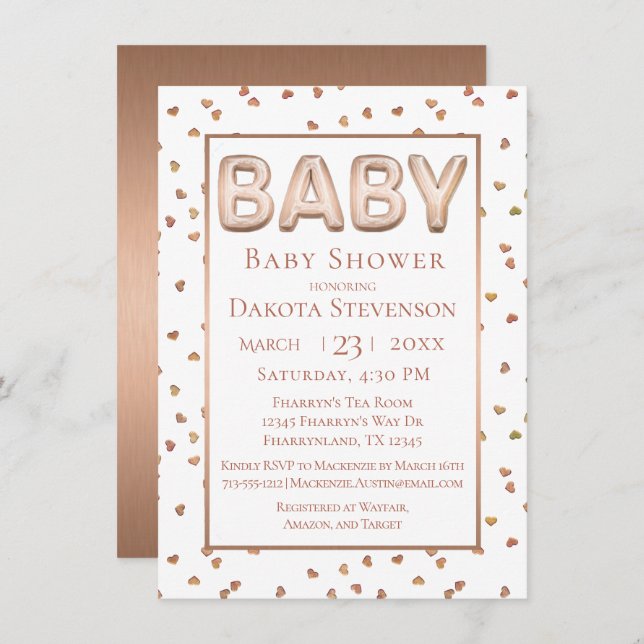 Convites Baby Balloon | Chá de fraldas Elegante Dourado (Frente/Verso)