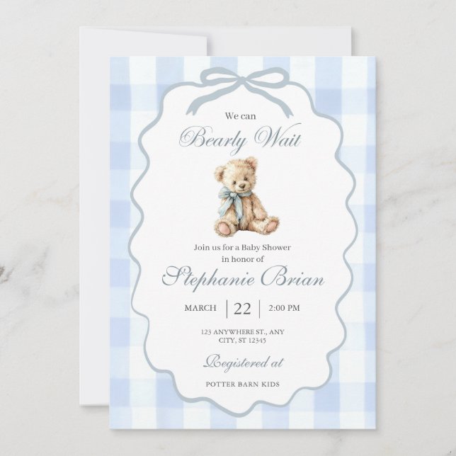 Convites Baby Bear Baby Shower Invitation Editable Pale Blu (Frente)