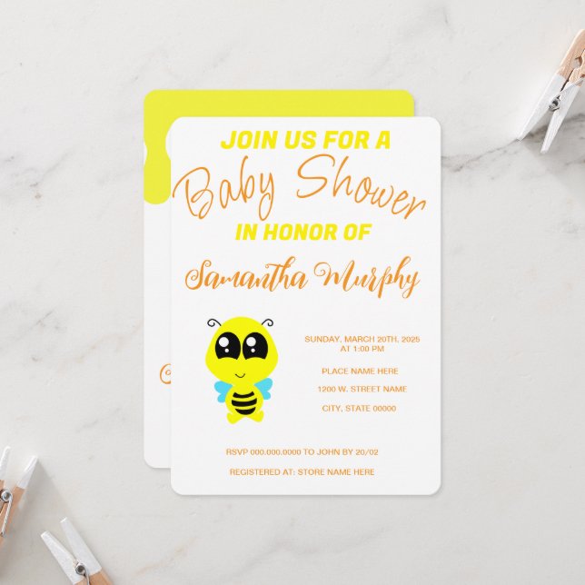 Convites Baby Bee | Baby Shower Invitation (Frente/Verso In Situ)