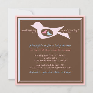 Convites Baby Birdie Twins Rosa Chá de fraldas Azul Convit