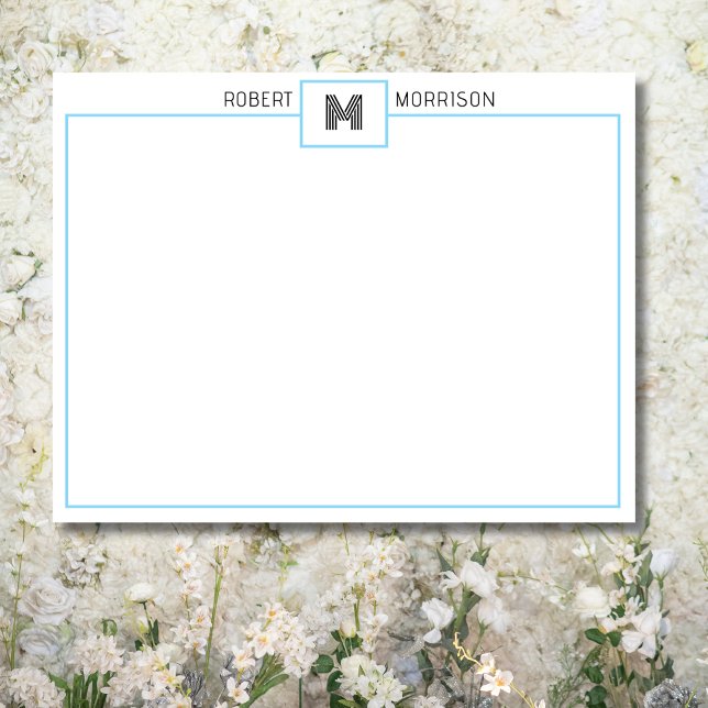 Convites Baby Blue Chic Monogram Stationery Note Card (Criador carregado)