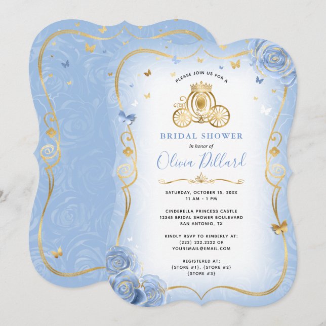 Convites Baby Blue Dourado Cinderella Princess Chá de panel (Frente/Verso)
