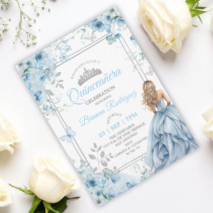 Convites Baby Blue e Floral Borboleta Prata Quinceañera