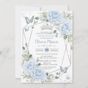 Convites Baby Blue Floral Borboletas Quinceanera Prata