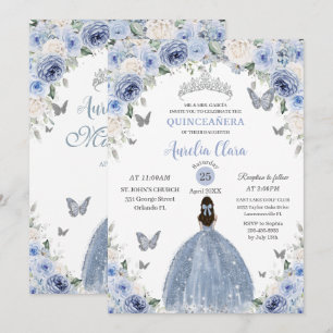 Convites Baby Blue Floral Branca Princesa Quinceañera XV 16