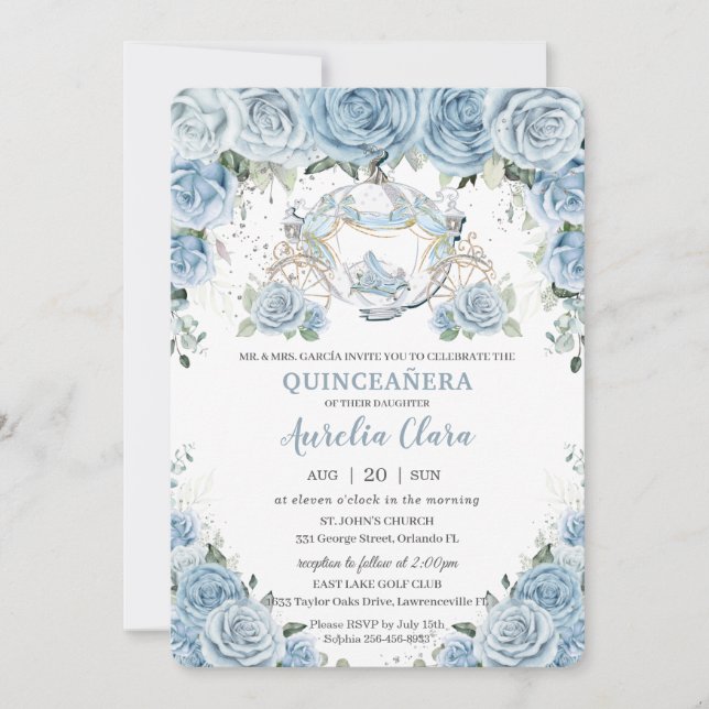 Convites Baby Blue Floral Cinderella Coach Quinceañera (Frente)
