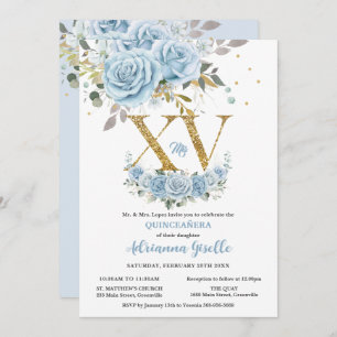 Convites Baby Blue Floral Dourado XV Quinceañera Quince 15