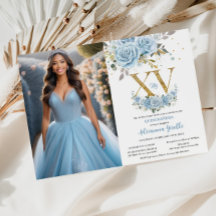 Baby Blue Floral Dourado XV Quinceañera Quince Fot