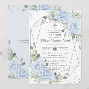 Convites Baby Blue Floral Prata Batismo Batizado