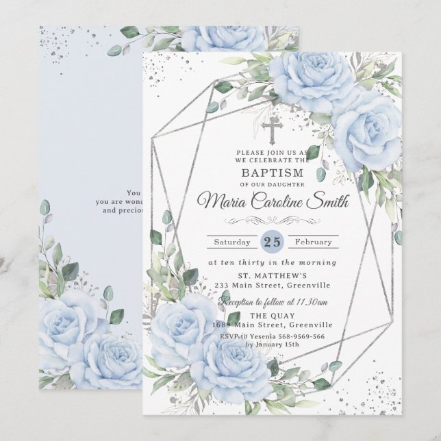 Convites Baby Blue Floral Prata Batismo Batizado  (Frente/Verso)