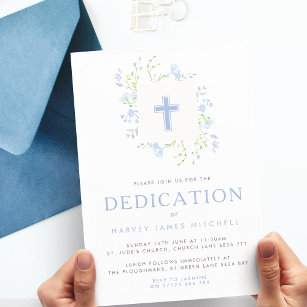 Convites Baby Blue Floral Wreath & Cross Baby Dedication