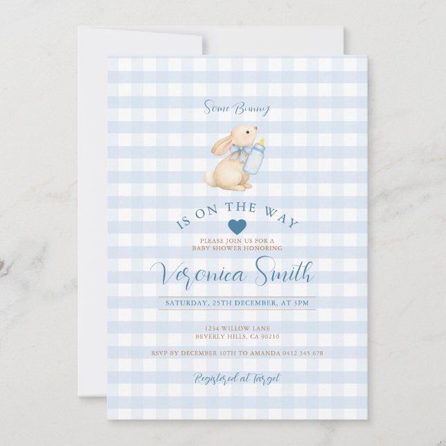 Convites Baby Blue Gingham Bunny Baby Shower Invitation (Frente)