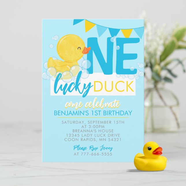 Convites Baby Blue One Lucky Ducky Duck primeiro aniversari (Baby Blue One Lucky Duck Watercolor 1st Birthday Invitations. Available printed or digital download)