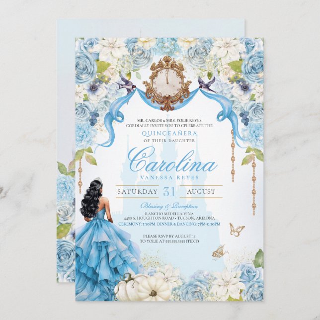 Convites Baby Blue Princesa Cinderella Quinceañera (Frente/Verso)