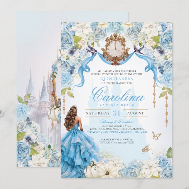 Convites Baby Blue Princesa Cinderella Quinceañera (Frente/Verso)