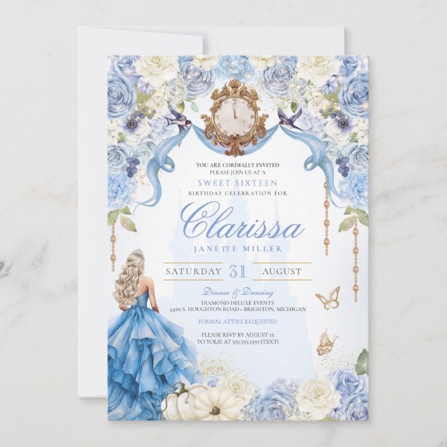 Convites Baby Blue Princess Sweet Dezesseis Aniversário (Frente)