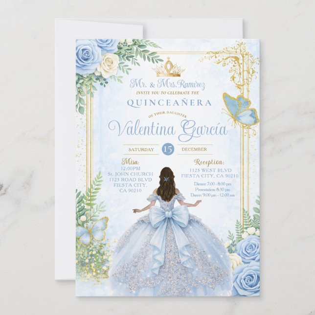 Convites Baby Blue Quinceañera com Arco Dourado (Frente)