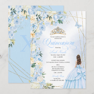 Convites Baby Blue Quinceañera e Dourado Brilho Sweet 15