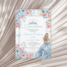 Baby Blue Rosa Prata Floral Borboleta Quinceañera