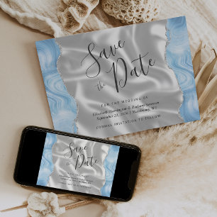 Convites Baby Blue Silver Ágata Branco Seda Save the Date