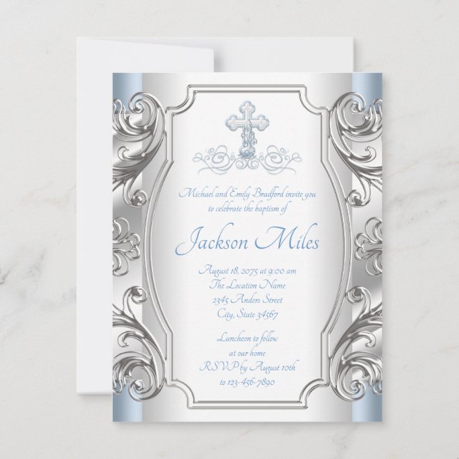 Convites Baby Blue Silver Cross Baptism Christening (Verso)