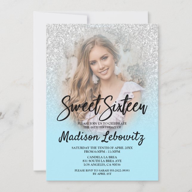 Convites Baby Blue & Silver Glitter Sweet 16 Photo Invite (Frente)