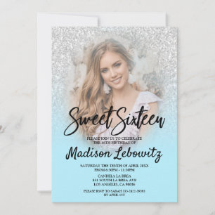 Convites Baby Blue & Silver Glitter Sweet 16 Photo Invite