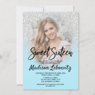 Convites Baby Blue & Silver Glitter Sweet 16 Photo Invite