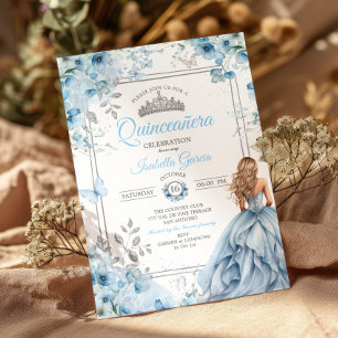 Convites Baby Blue Tiara Floral Borboletas Quinceañera