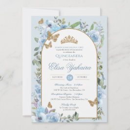 Convites Baby Blue Watercolor Ouro Butterfly Quinceanera