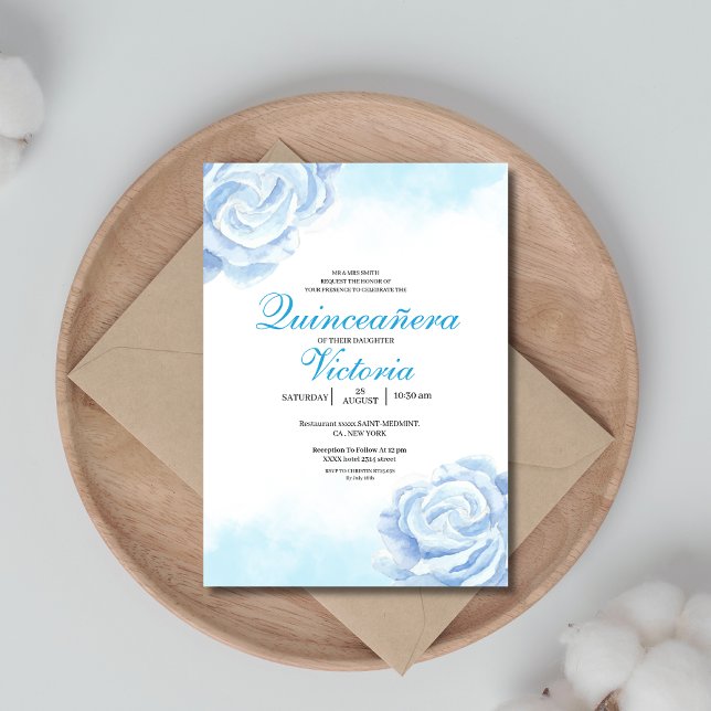 Convites Baby Blue Watercolor rosas Florais Quinceanera (Criador carregado)