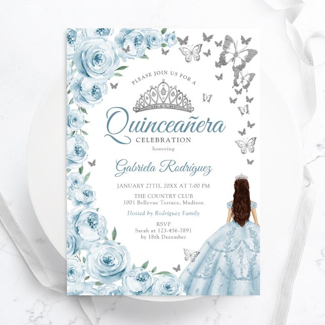 Convites Baby Blue Watercolor Silver Floral Quinceanera (Criador carregado)