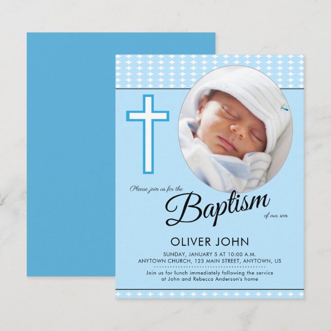 Convites Baby Boy Baptism, Blue Cross Invent (Frente/Verso)