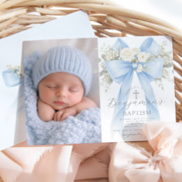 Convites Baby Boy Baptism Photo Floral Eucalyptus Bow
