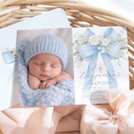 Convites Baby Boy Baptism Photo Floral Eucalyptus Bow
