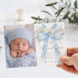 Convites Baby Boy Baptism Photo Floral Thank you Card
