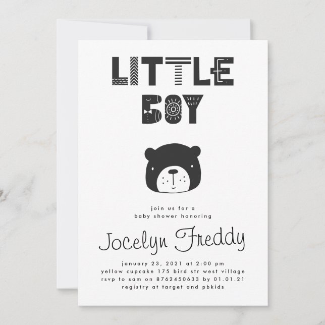Convites Baby Boy Bear Black & White Chá de fraldas (Frente)