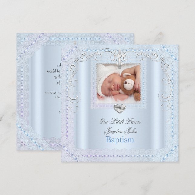 Convites Baby Boy Blue Christening Baptism Cross Prince (Frente/Verso)