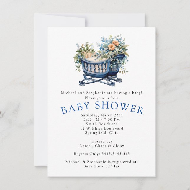 Convites Baby Boy Blue Crib Chá Floral (Frente)