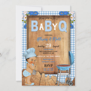 Convites Baby Boy Blue Gingham Wood Flowers Baby Q Barbecue