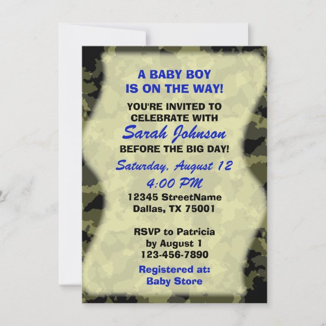 Convites Baby Boy - Camo Themed Chá de fraldas Invance (Frente)