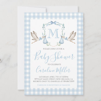 Convites Baby Boy Chá de fraldas Preppy Storey Gingham Blue