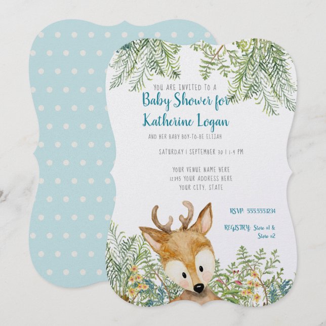Convites Baby Boy Chá Woodland Animal Deers Forest Ferns (Frente/Verso)
