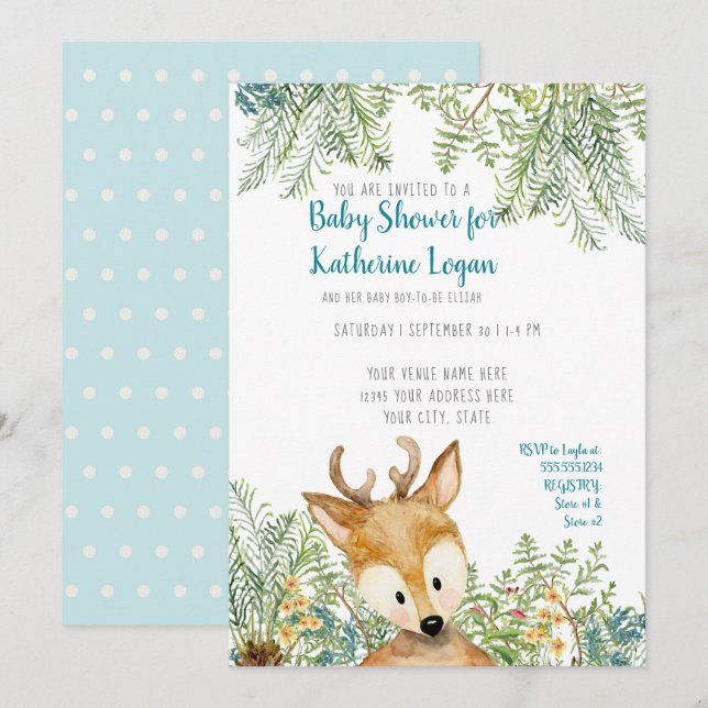 Convites Baby Boy Chá Woodland Forest Deer Forest Ferns (Frente/Verso)