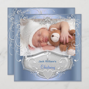 Convites Baby Boy Christening Baptism Blue Silver Cross
